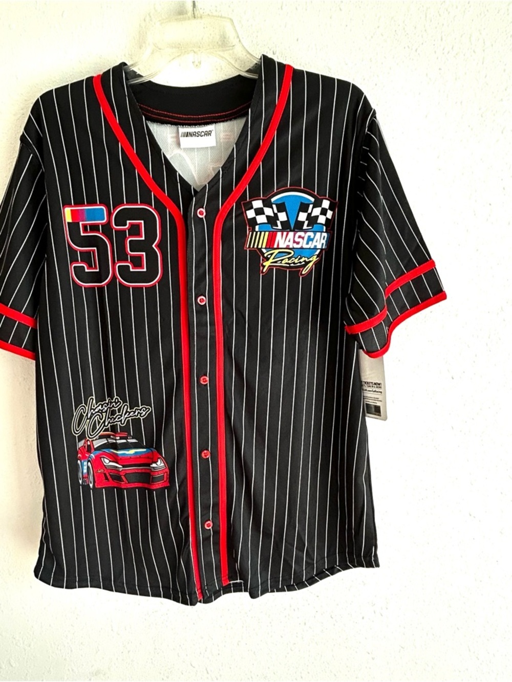 Nascar Racing Team Shirt Men's Size M Black Pinstripe Button Up Baseball Jersey